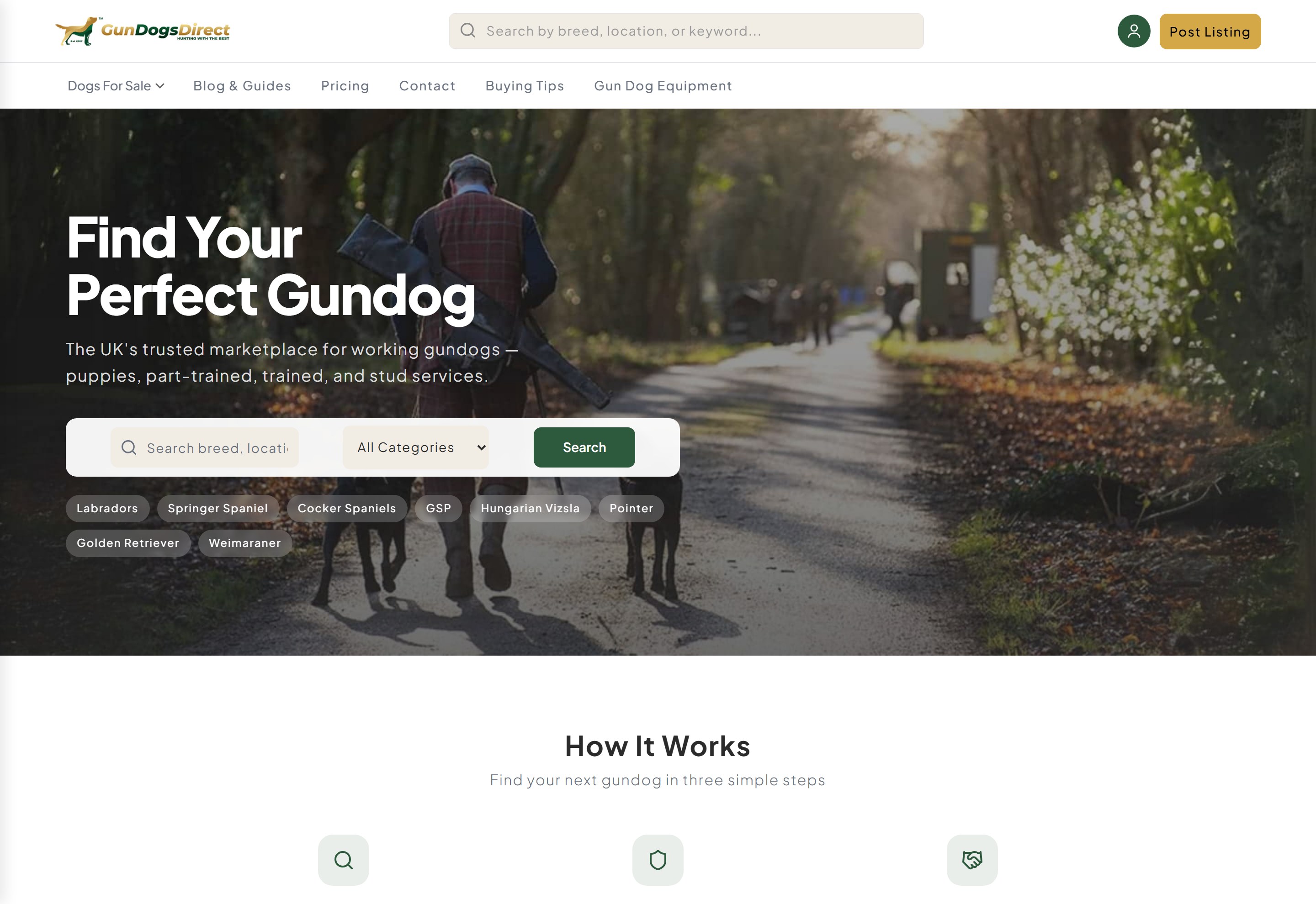 GunDogsDirect Laravel gundog marketplace homepage